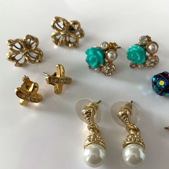 Gold Post Studs Earrings Lot Faux Pearl Rhinestone - Picture 3 of 3